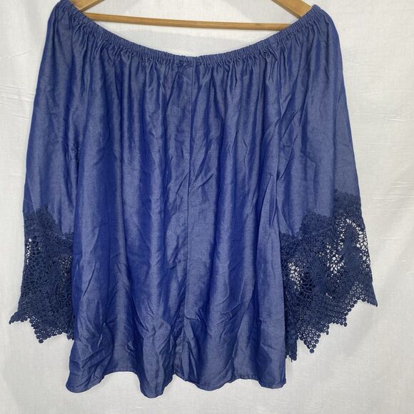 UNIQUE SPECTRUM Blouse Lace Trim 3/4 Sleeve Off Shoulder Gypsy Womens 1X Blue - Picture 2 of 9